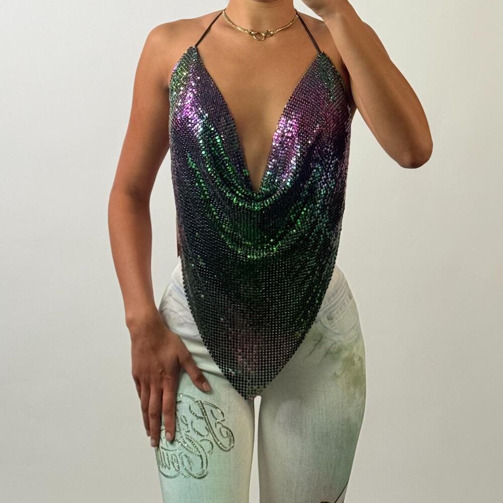 Multicolor Metallic Mesh Halter Top